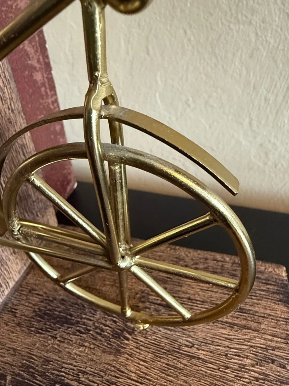 Vintage inspired Gold Metal Bicycle Bookends with Rustic Wood Base - Pair